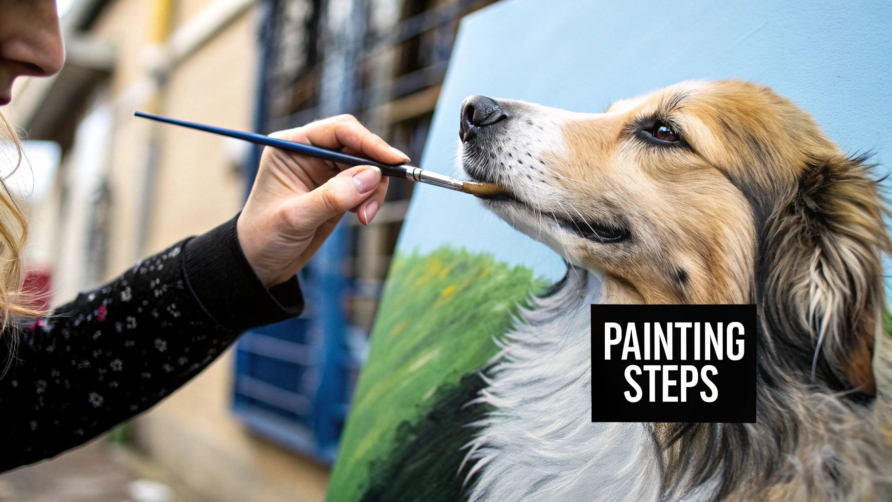 An artist painting a watercolor portrait of a dog on an easel.