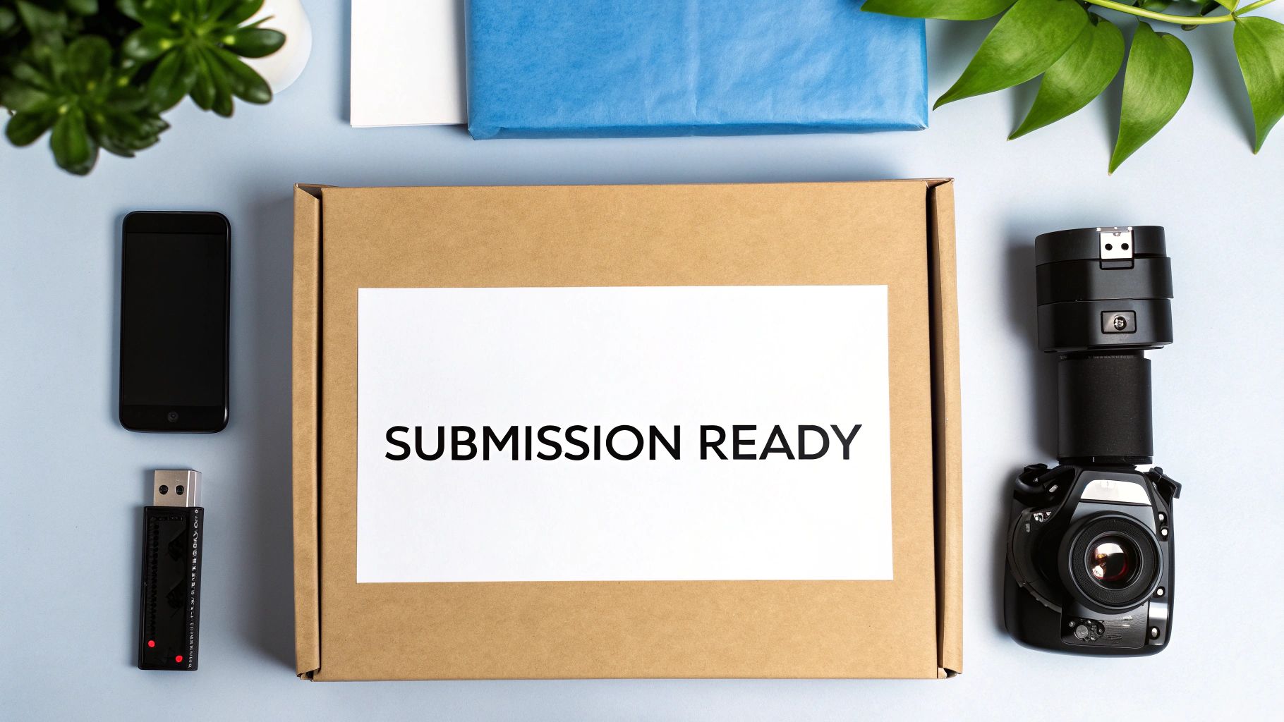 An artist's desk with a carefully arranged submission package including printed photos, a CV, and a laptop showing an email draft.