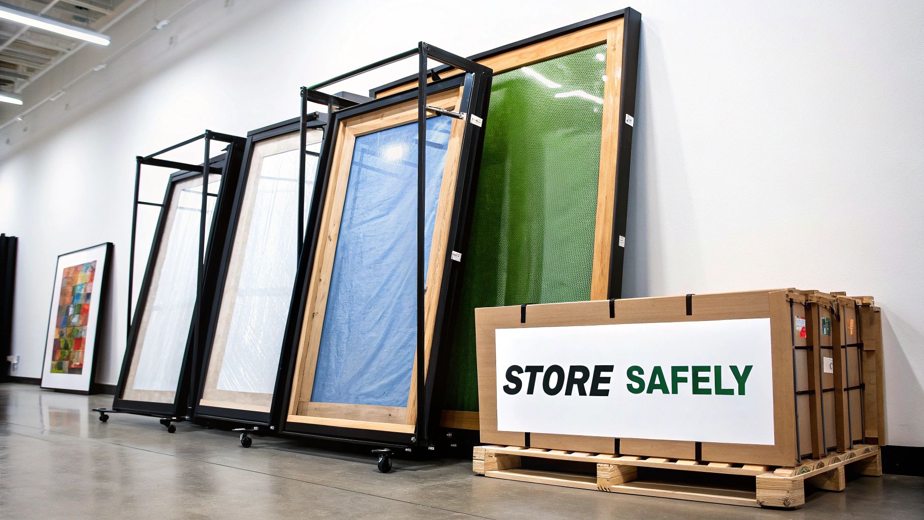 Several paintings wrapped carefully and stacked vertically in a storage unit.