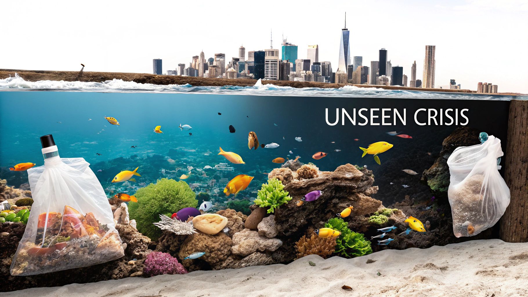 A sea turtle swimming near a plastic bag it might mistake for food