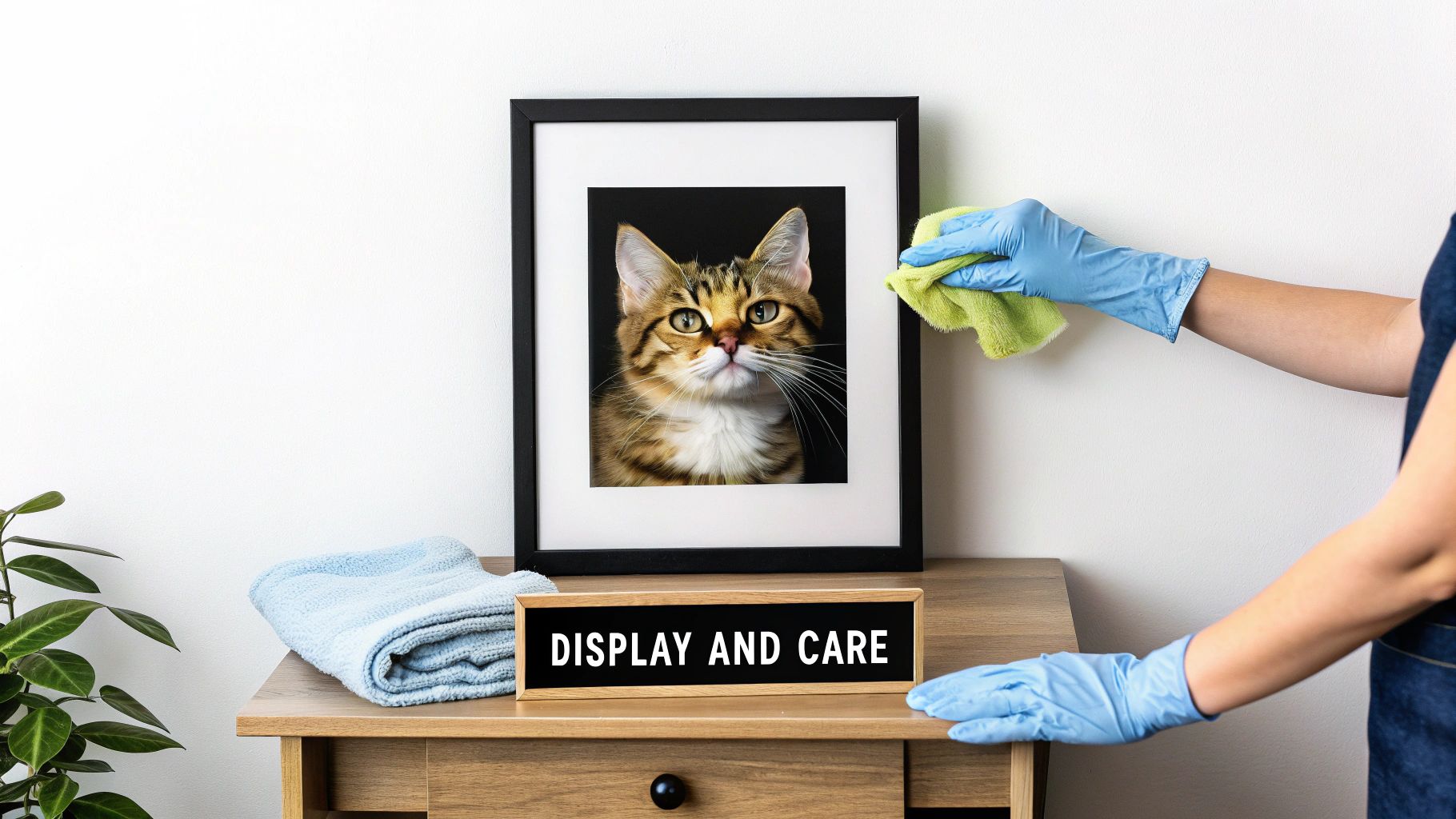 A framed cat portrait hanging on a light-colored wall, next to a small green plant.