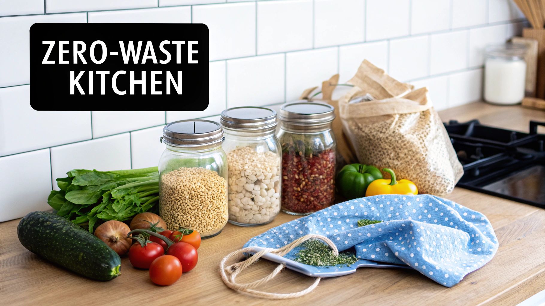 Fresh produce and reusable containers in a bright, modern kitchen