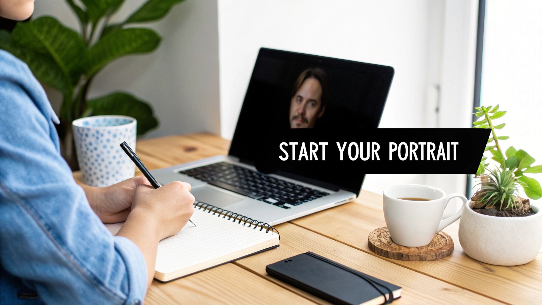 A person writing at a desk with a laptop showing a portrait and "START YOUR PORTRAIT" text.