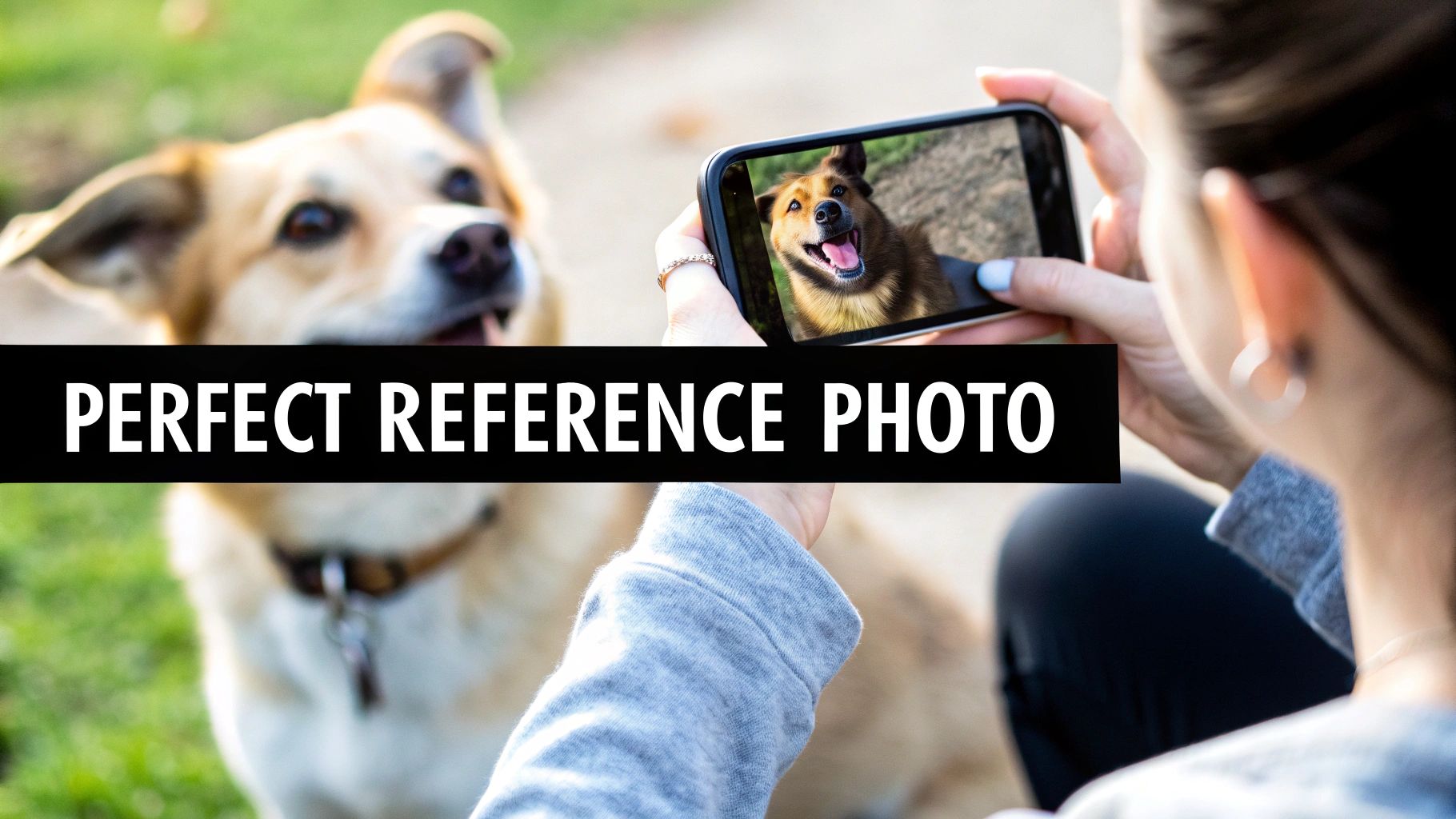 A person holding a camera and taking a photo of a happy dog outdoors.