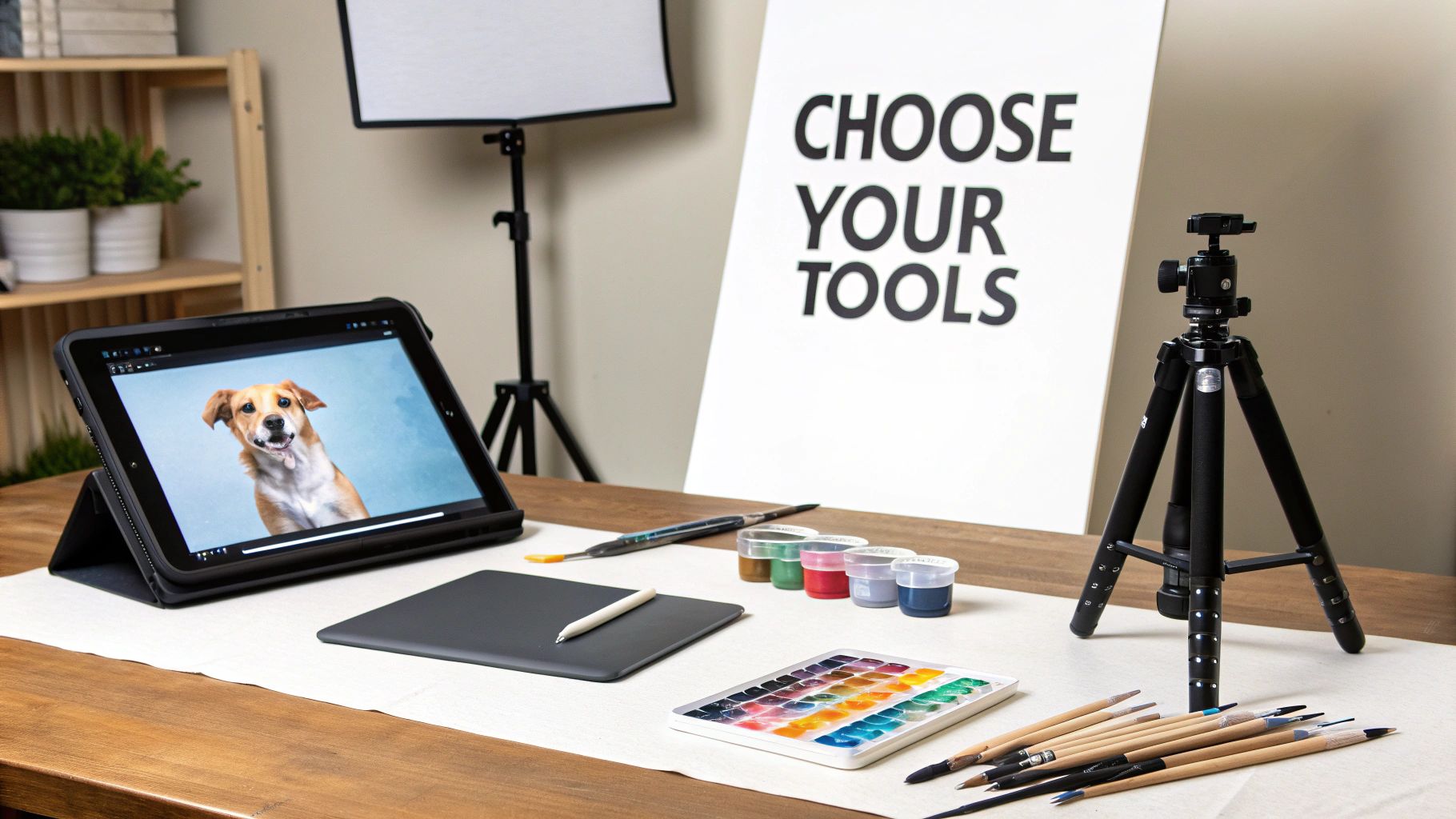 A painter's desk with brushes, paint tubes, and a canvas featuring a dog portrait