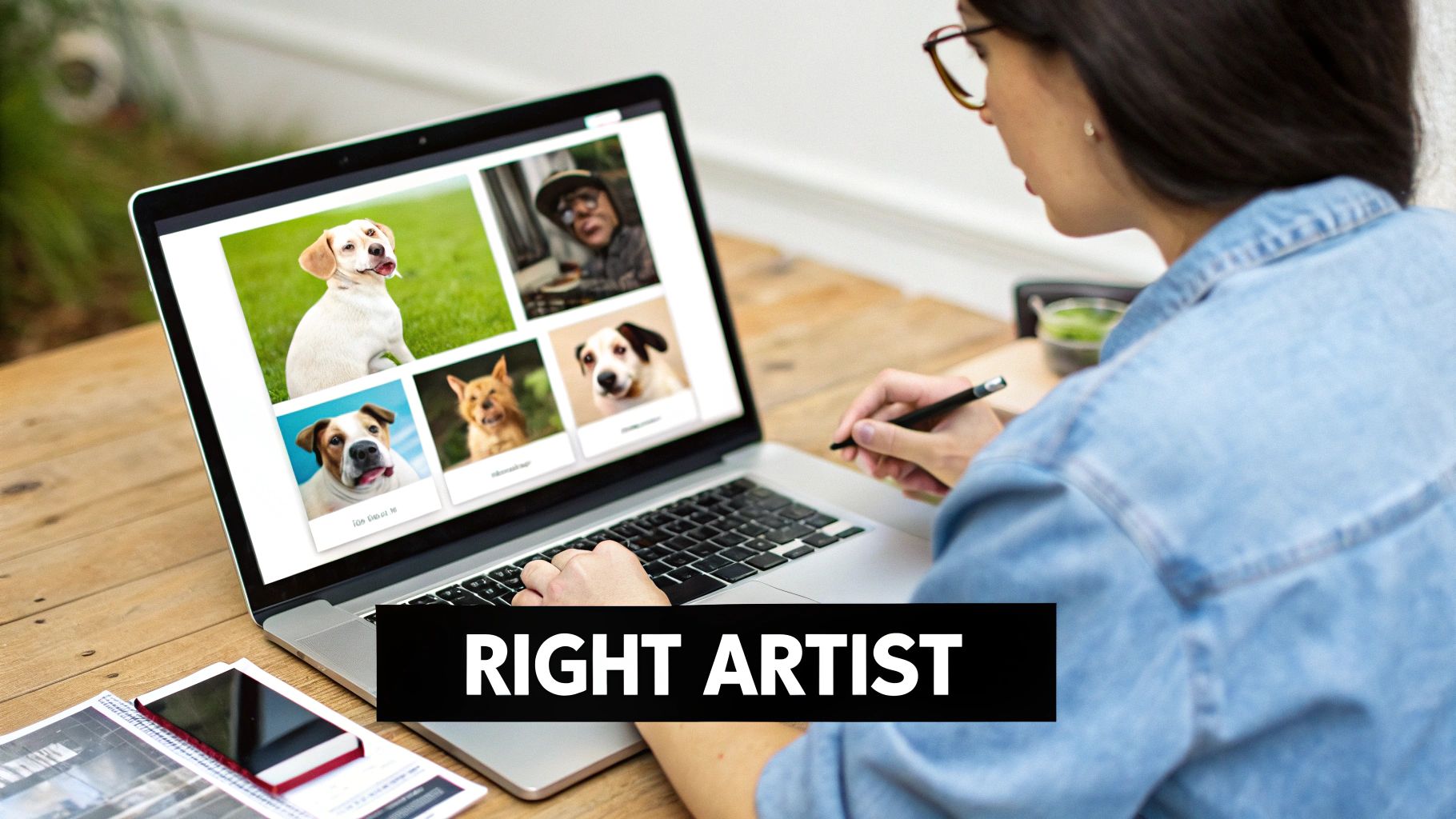 An artist's hands carefully painting a portrait of a dog on a canvas.