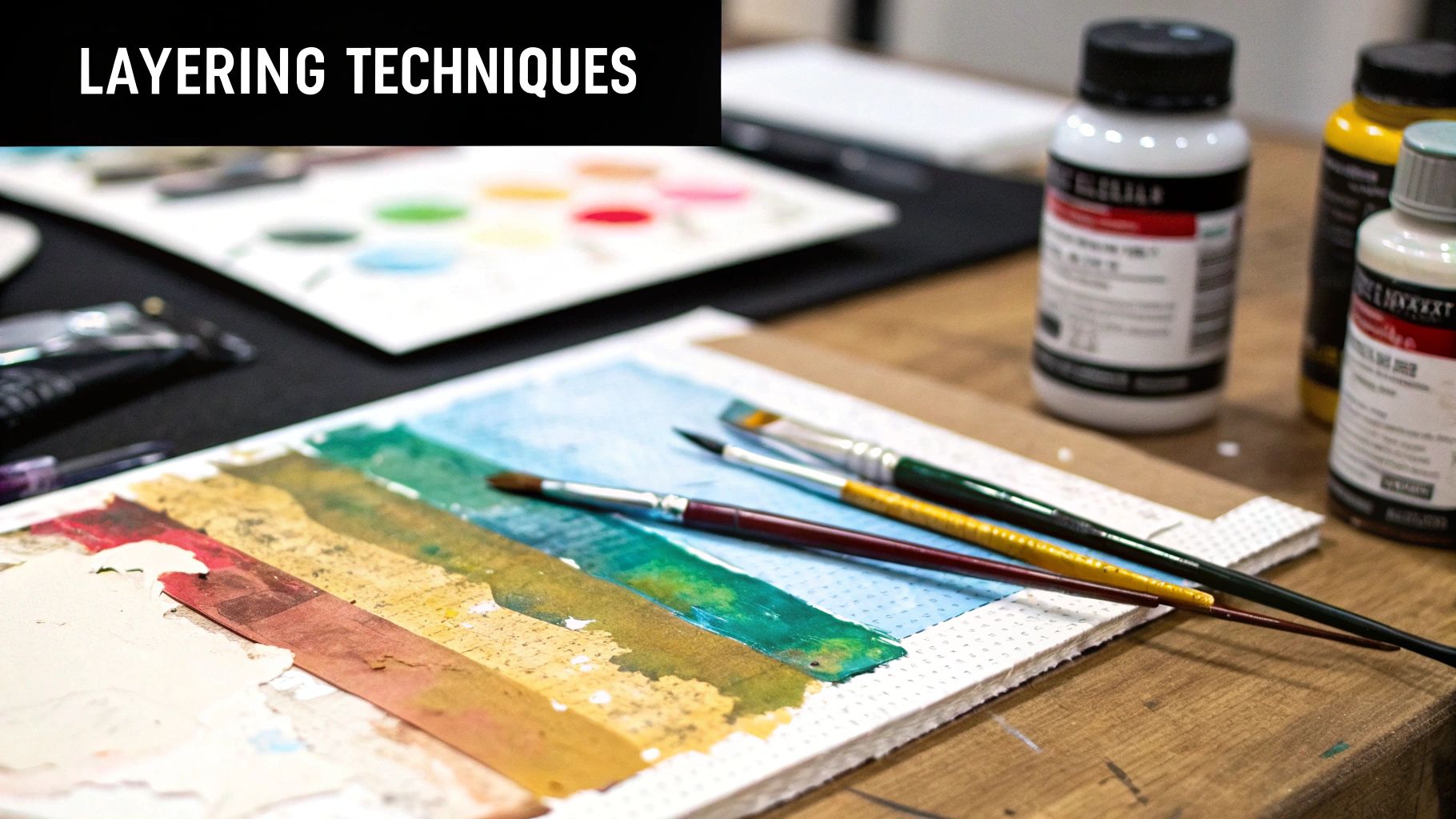 A mixed media artwork in progress, showing layers of paint, paper, and textural elements.