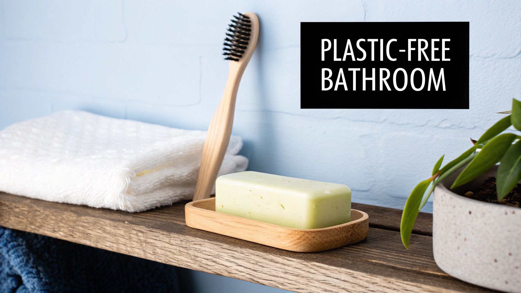 A collection of plastic-free bathroom items like bamboo toothbrushes and soap bars on a clean, modern surface.