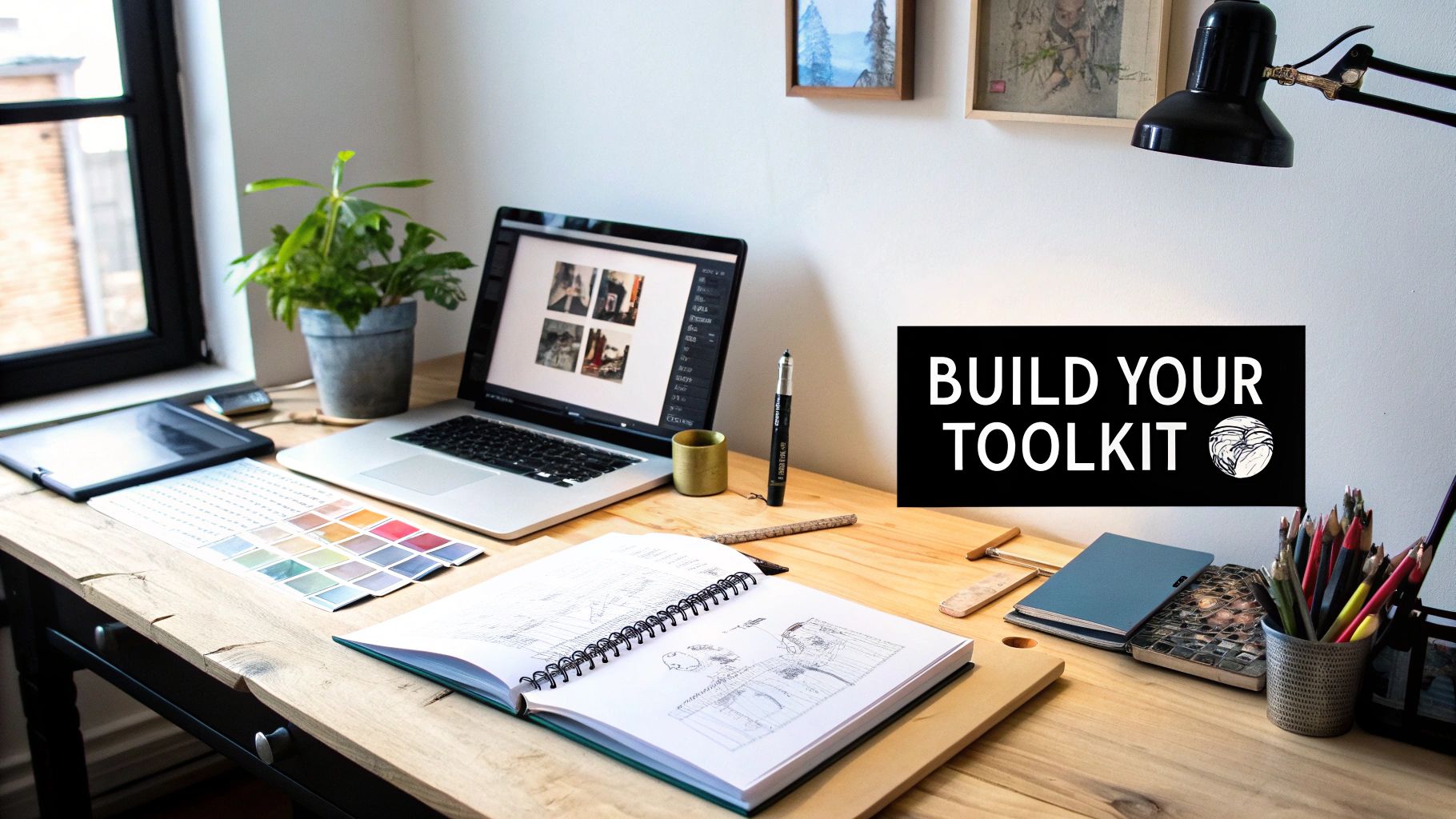 A focused artist meticulously working on a large canvas in a well-lit studio.