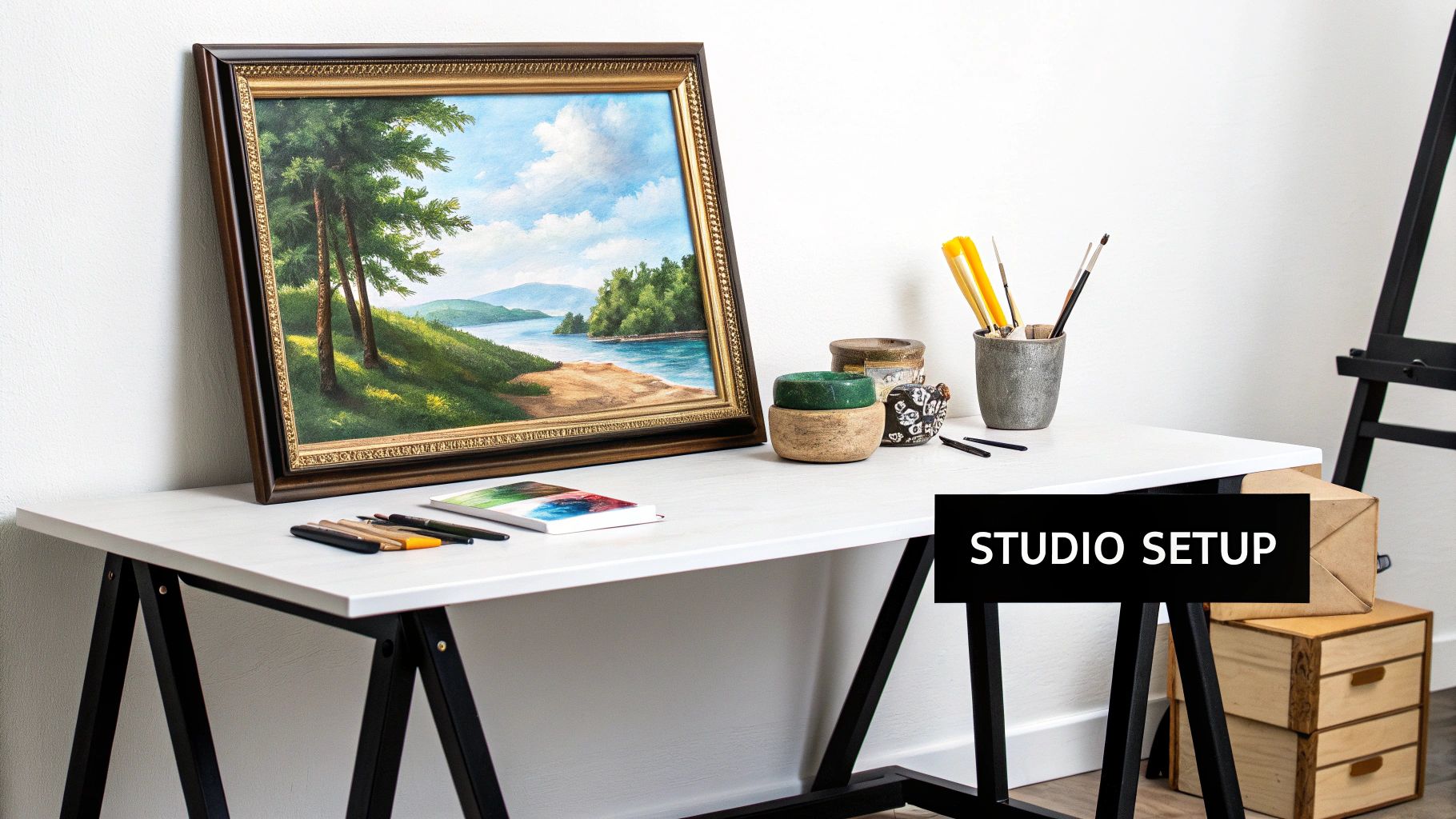 A person carefully placing a large painting on a white wall in preparation for a photoshoot