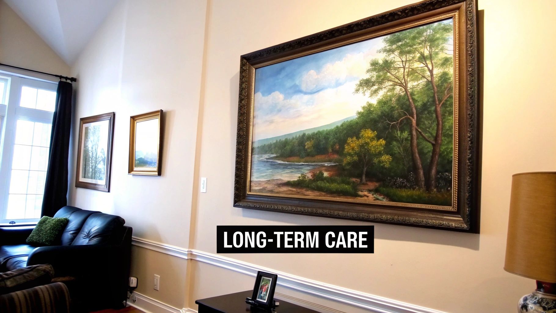 A classic oil painting hanging in a well-lit room, showcasing proper preservation and care.