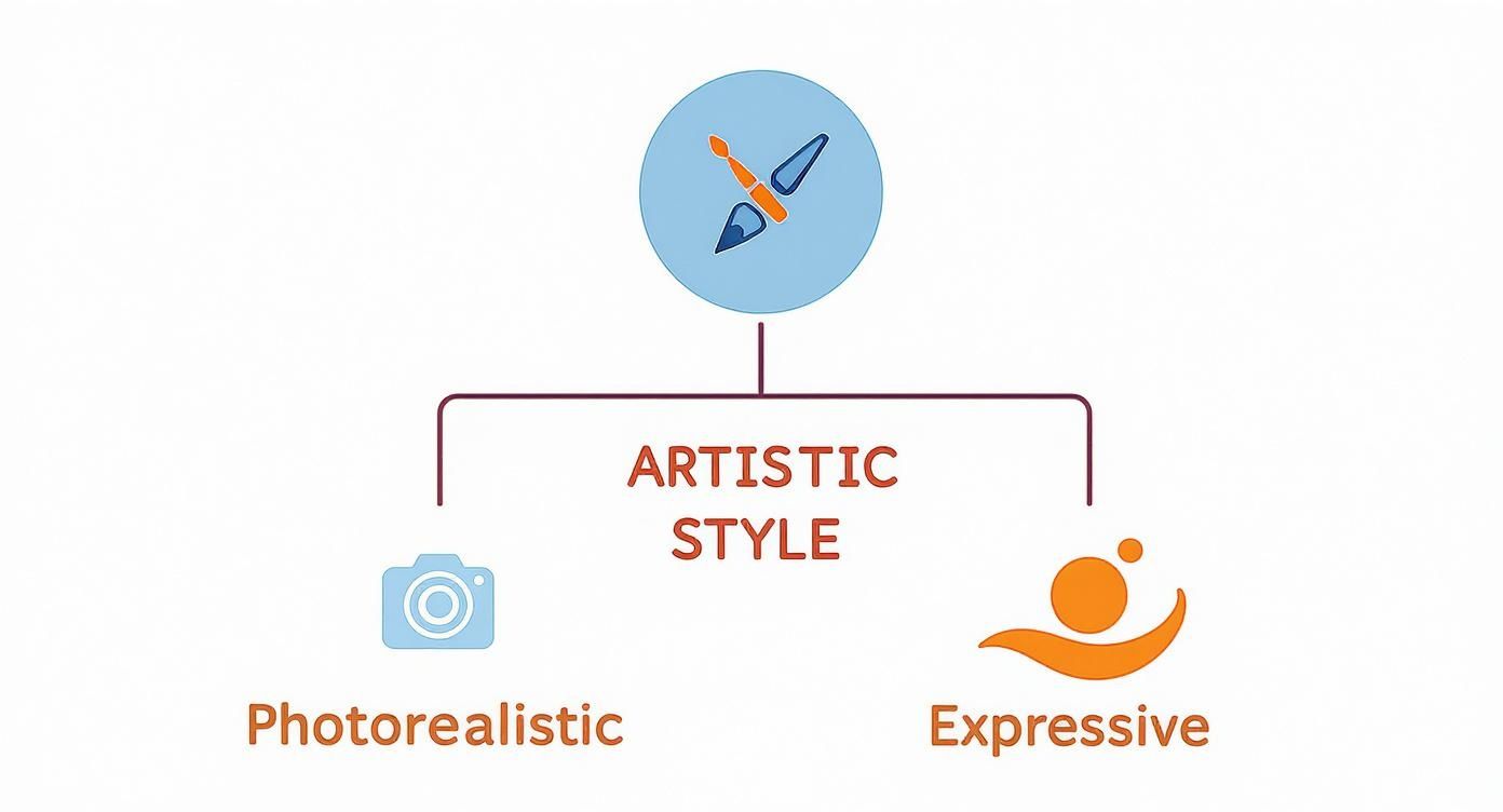 Diagram showing artistic style branches splitting into photorealistic and expressive art styles with icons
