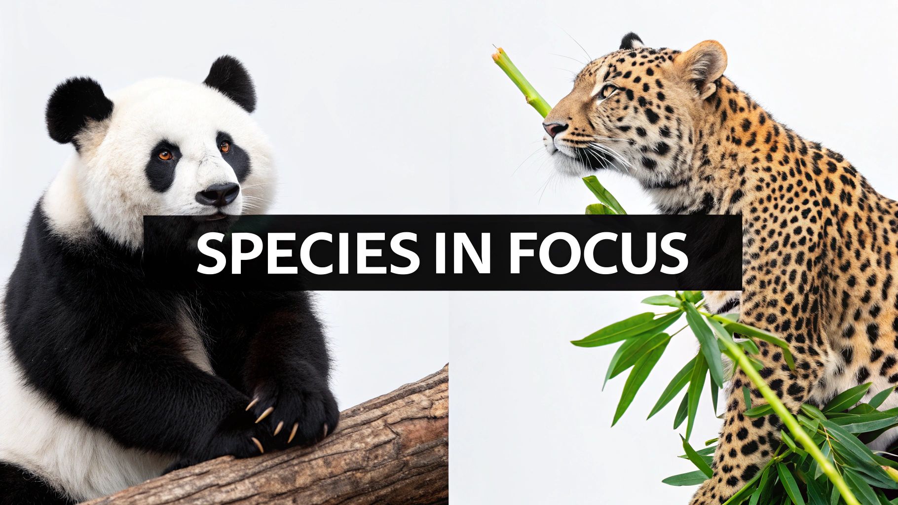 A giant panda and a leopard side by side, with 'SPECIES IN FOCUS' text overlaid.