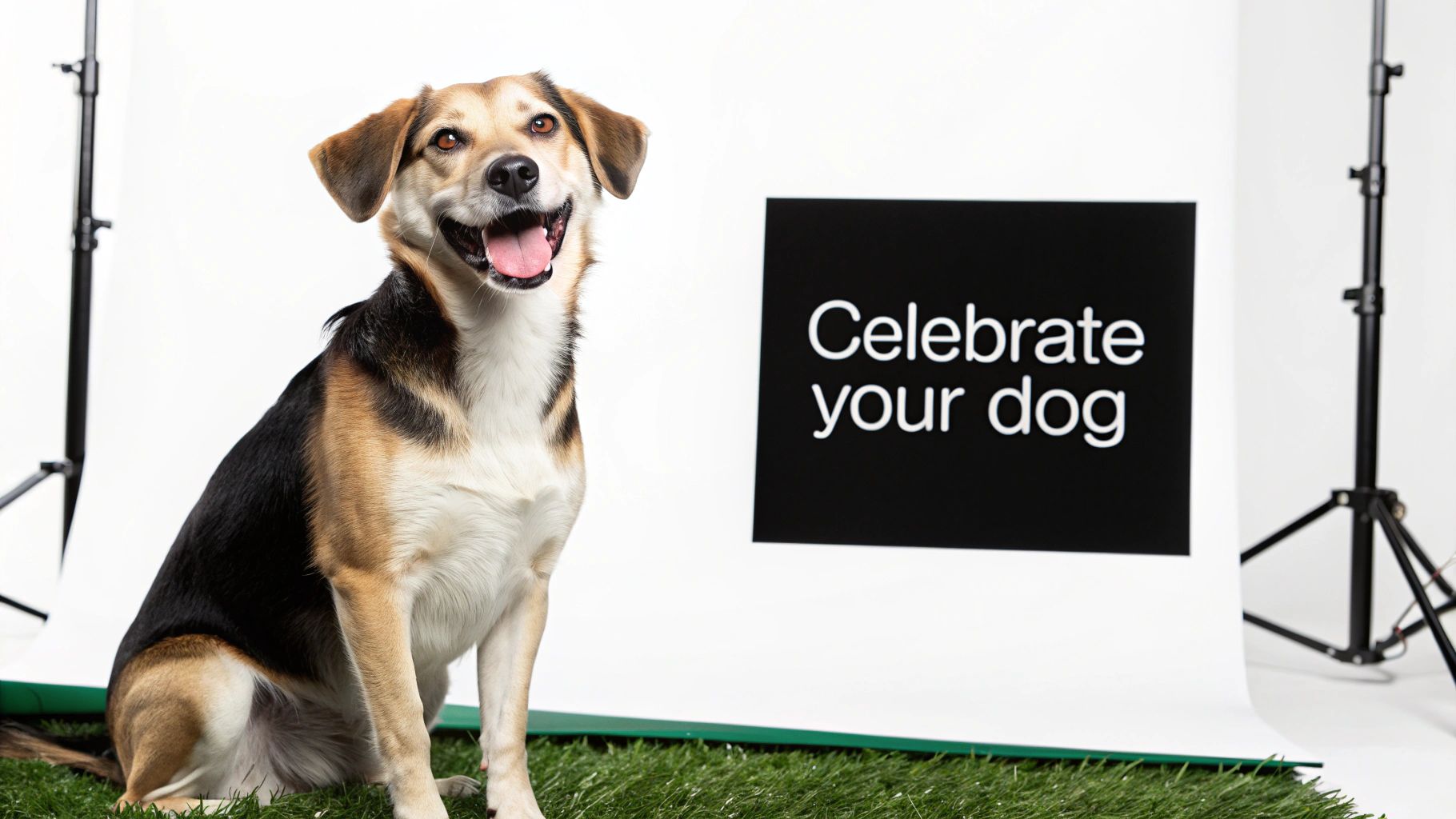 A happy tricolor dog sits on green fake grass in a studio with a "Celebrate your dog" sign.