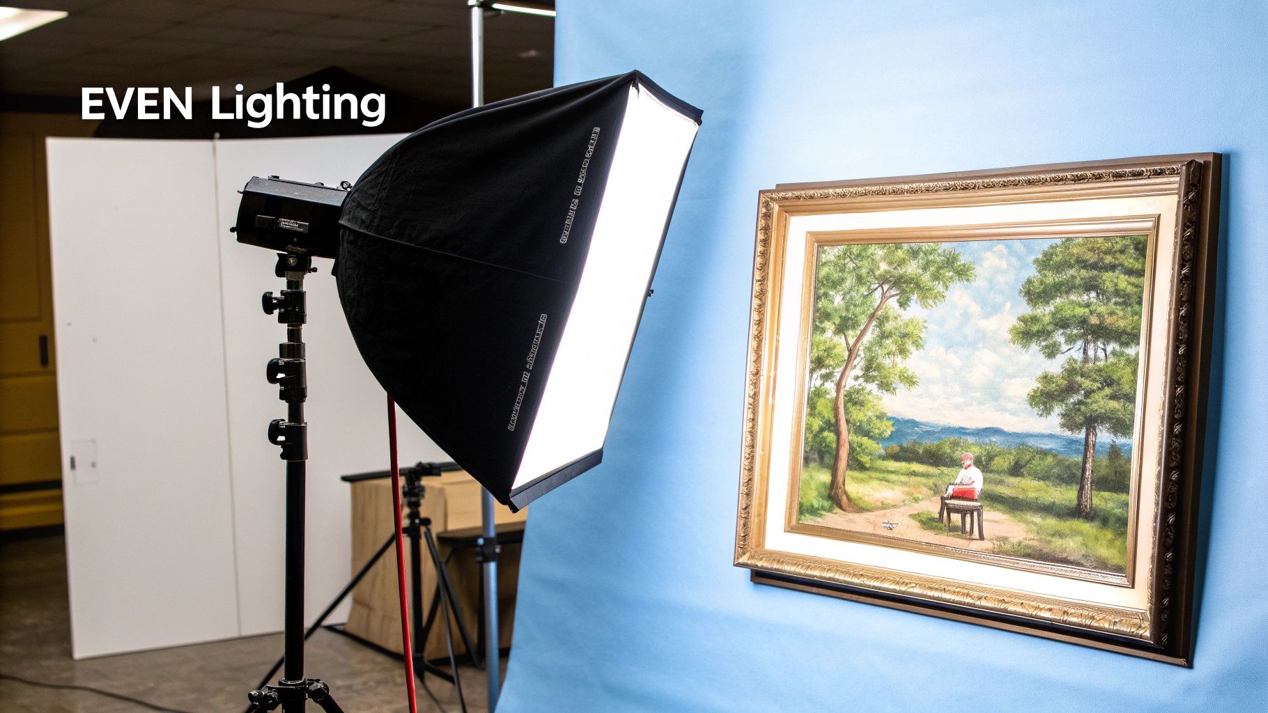 A DSLR camera on a tripod, angled towards a painting, with a focus on the settings dial.