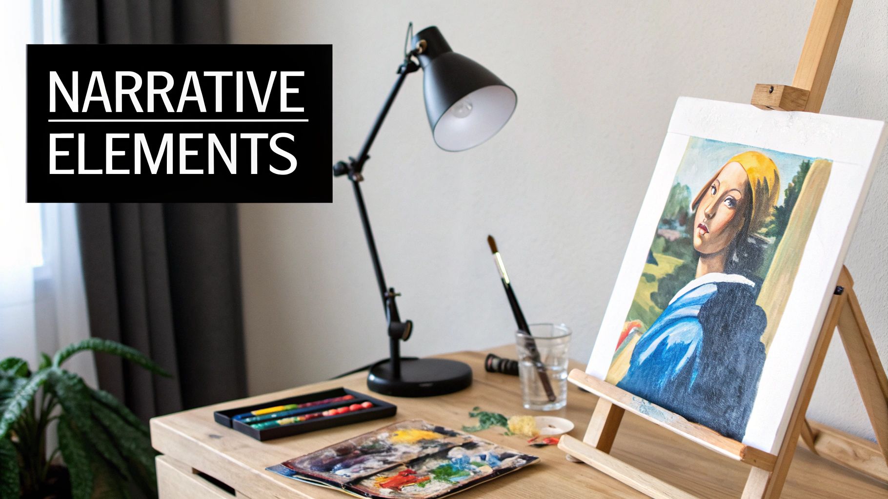 A creative workspace featuring a painting of a woman on an easel, a lamp, and art tools.