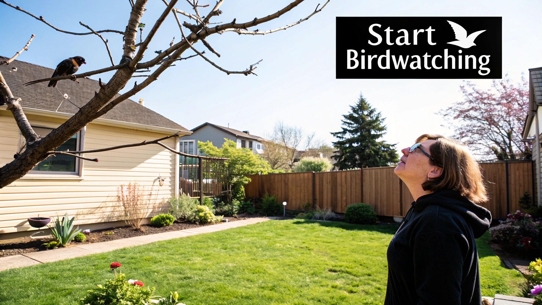 A person using binoculars to watch birds in a sunny, natural setting