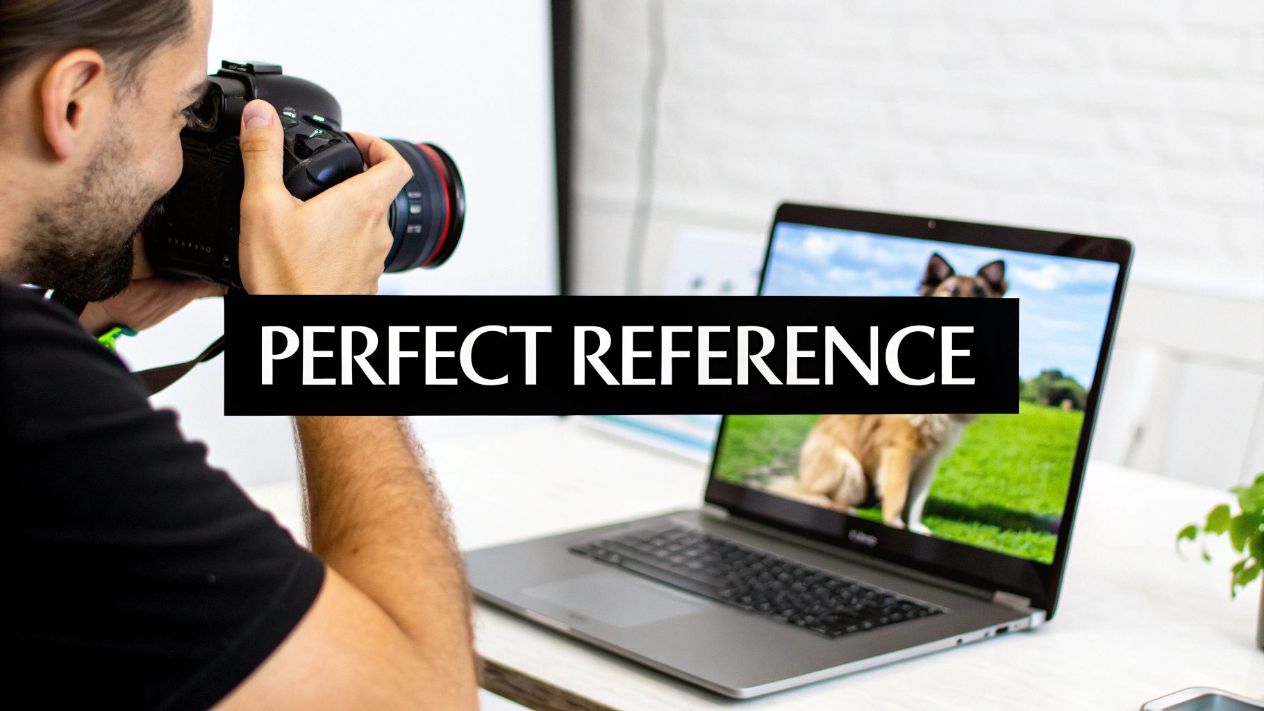 A man holds a camera, looking at a laptop displaying a dog photo, with "PERFECT REFERENCE" text.