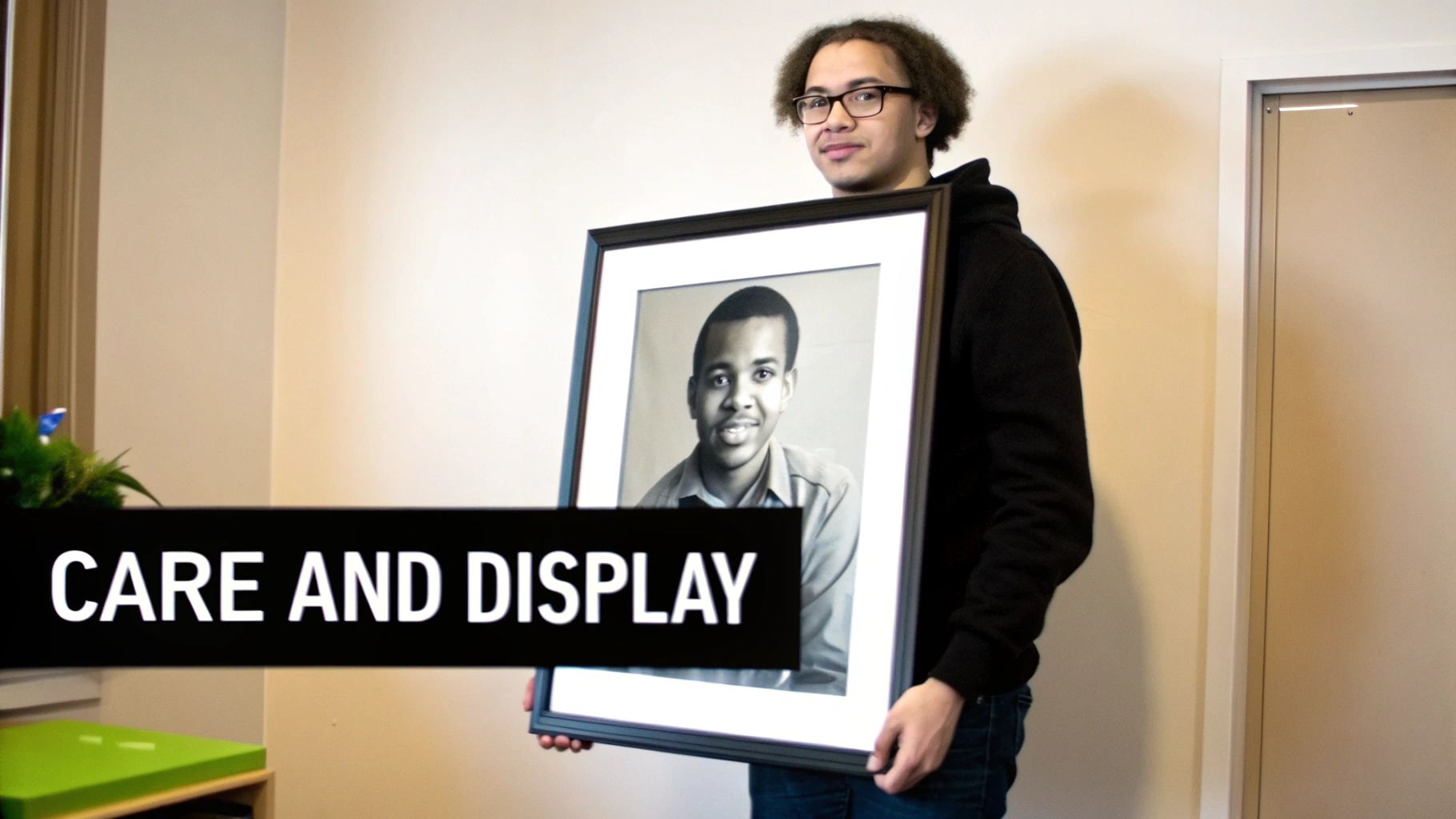 A young man with glasses holds a framed black and white portrait of another smiling man.