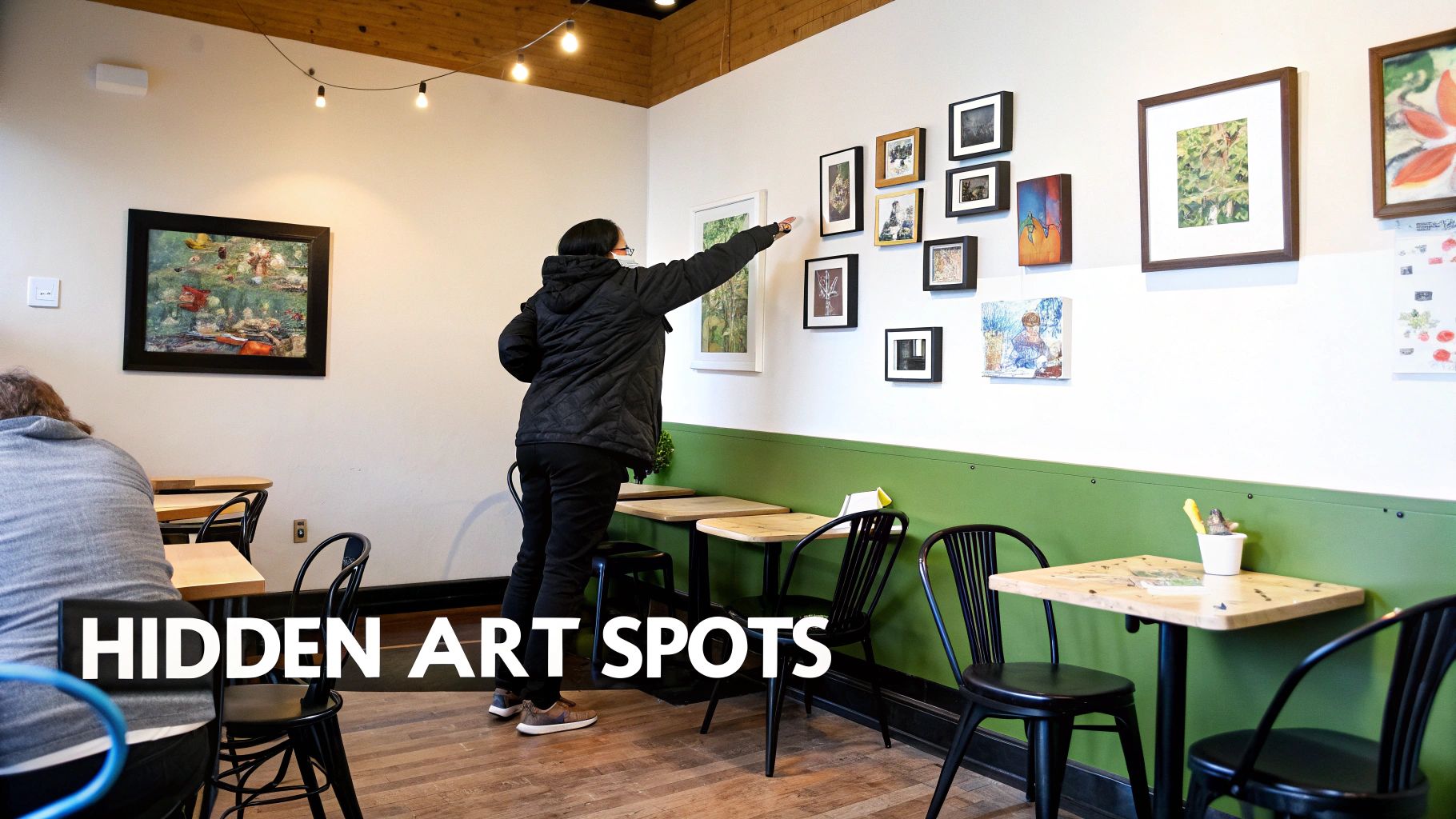 A cozy coffee shop interior with various paintings hanging on the walls.