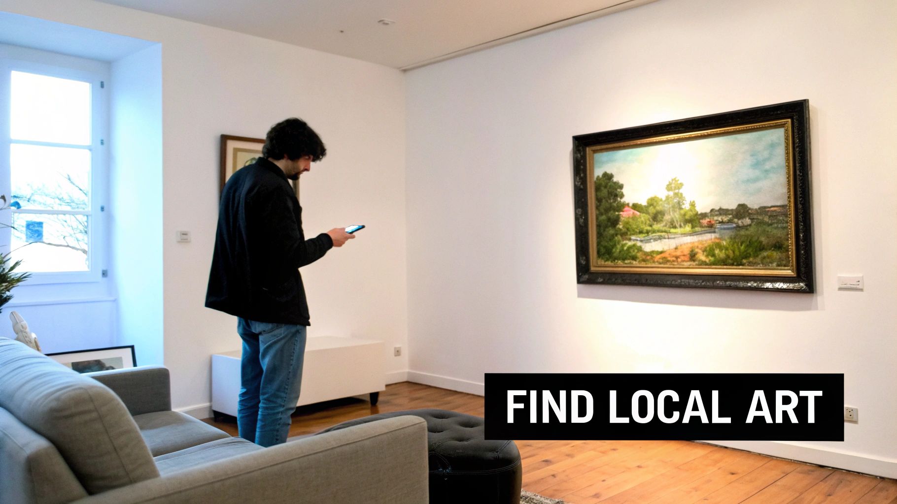 A person admiring paintings in a well-lit art gallery