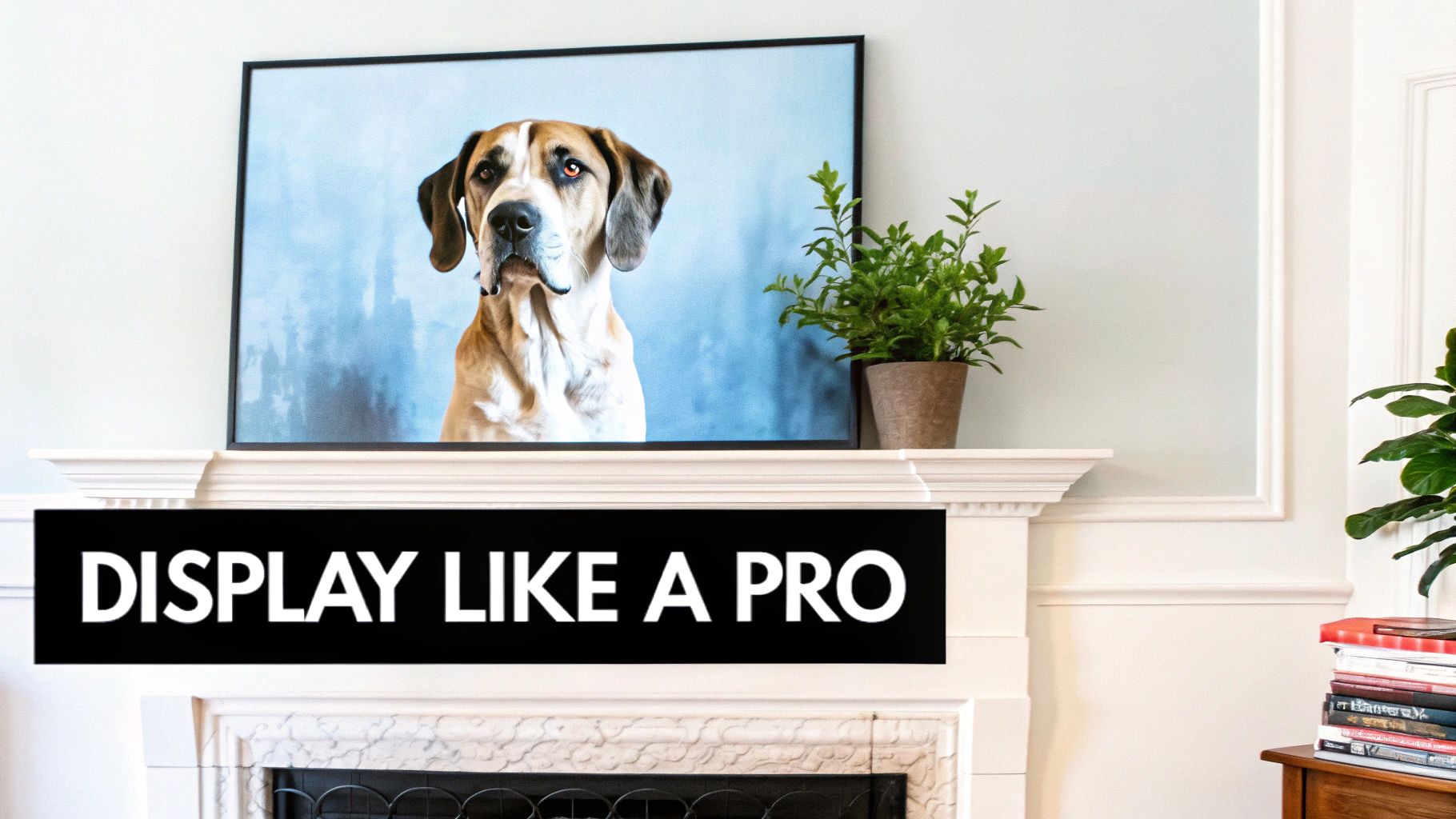 A dog canvas artwork of a golden retriever hanging in a well-decorated living room.