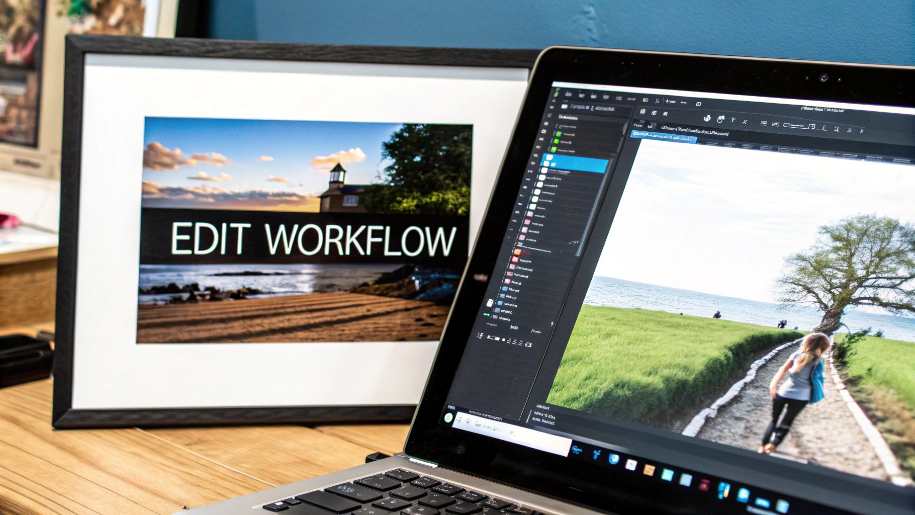 An artist editing a photograph of their artwork on a large computer monitor, showing color correction tools.