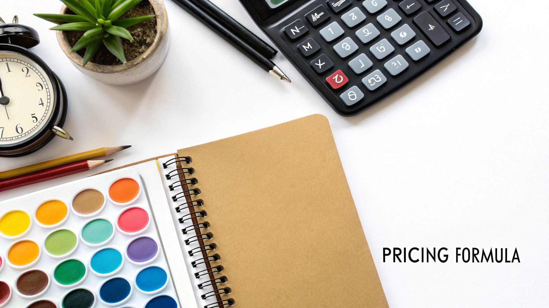 An artist's studio with various art supplies neatly organized on a wooden desk.