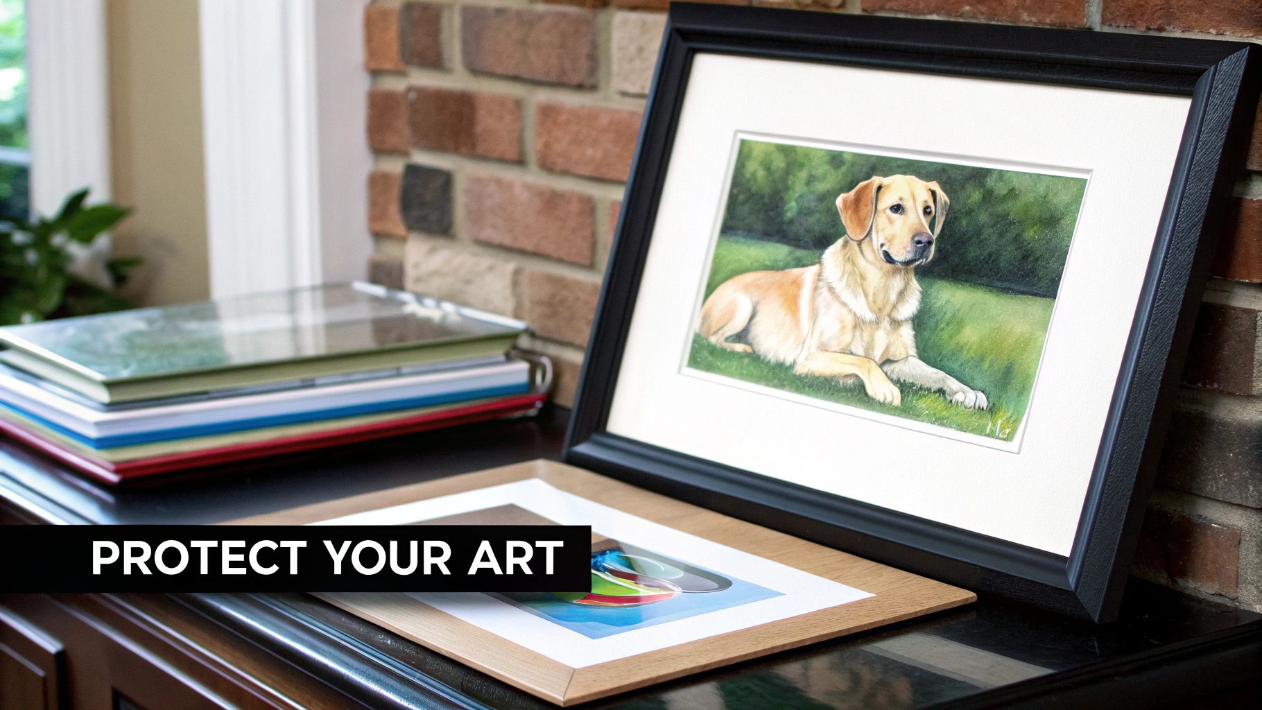 A framed watercolor portrait of a yellow labrador retriever dog, with art supplies and another artwork.