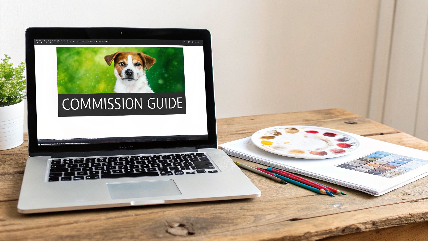 Laptop displaying commission guide with dog portrait next to artist paint palette and colored pencils
