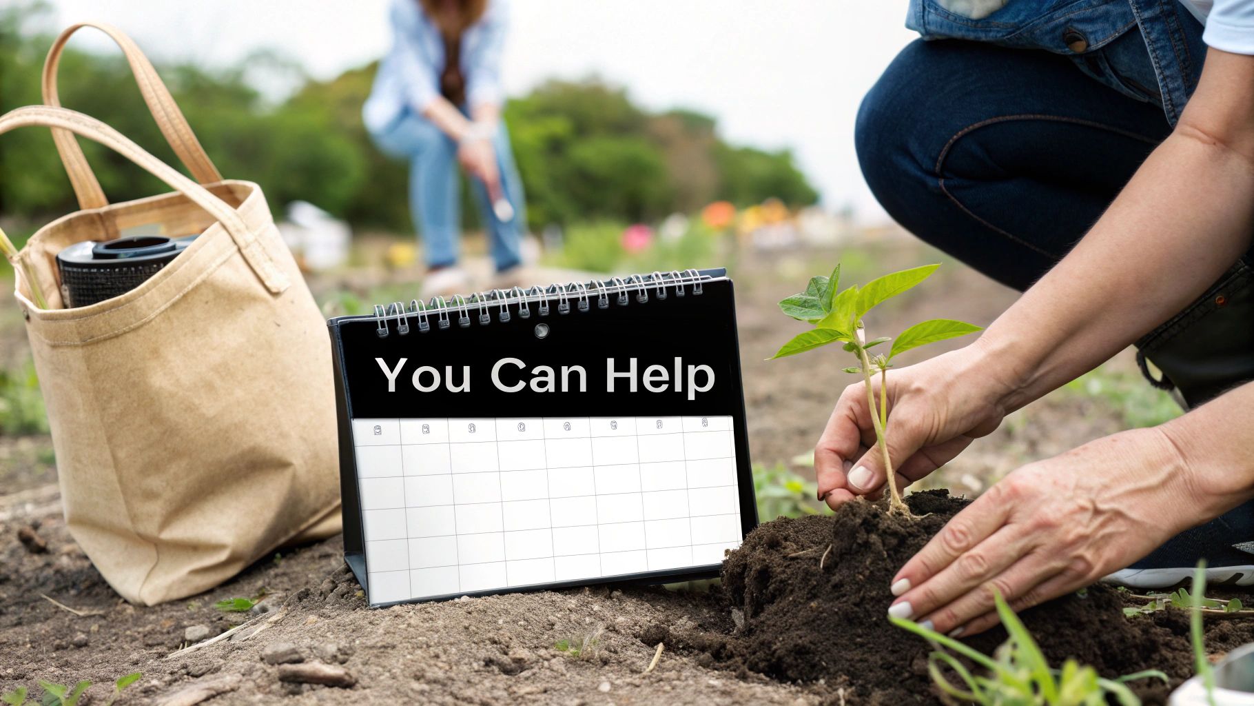 A group of volunteers planting trees in a field, symbolizing direct action in conservation.