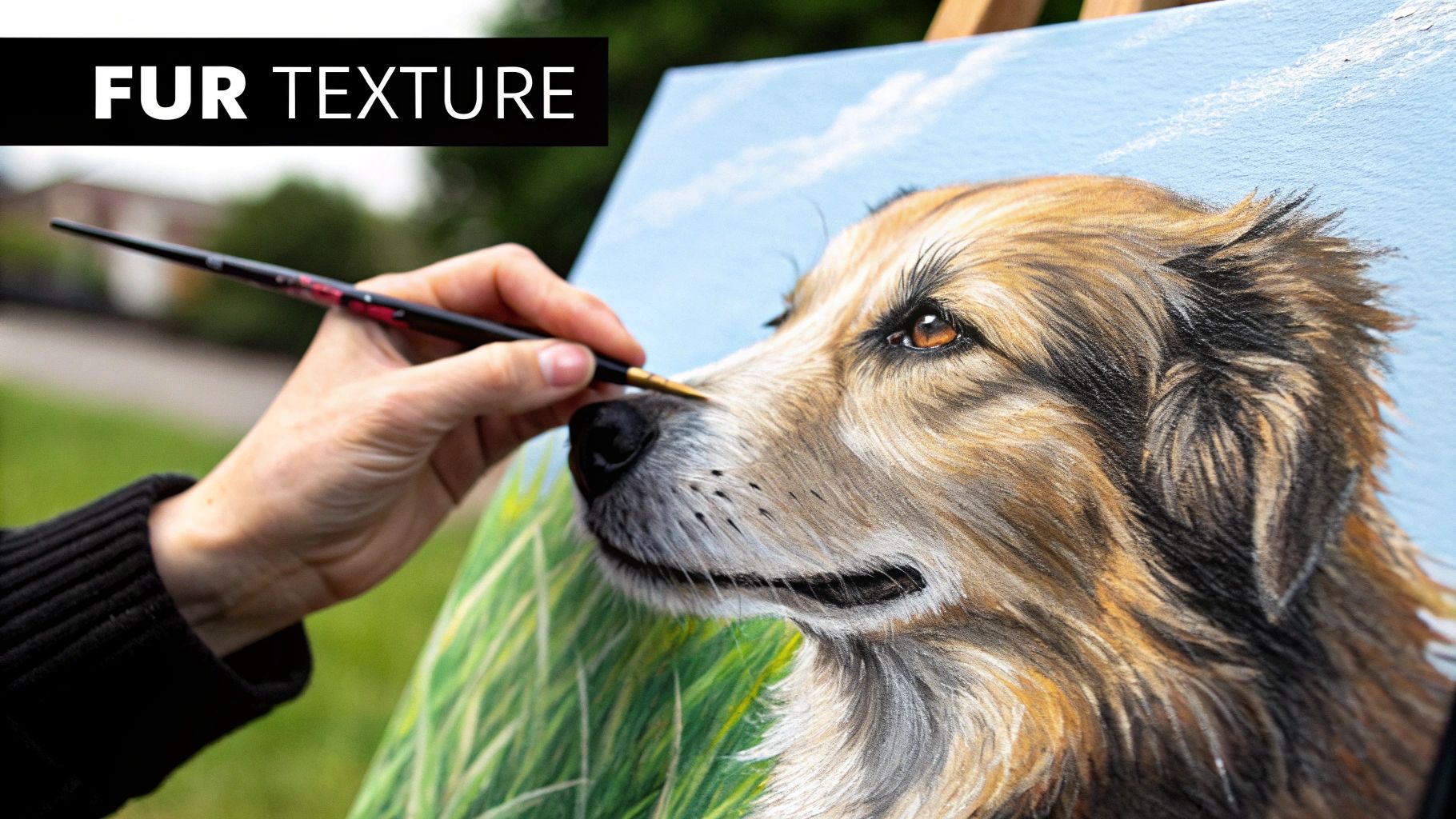 An artist's brush adding fine, white highlight strokes to the fur on an acrylic dog portrait.