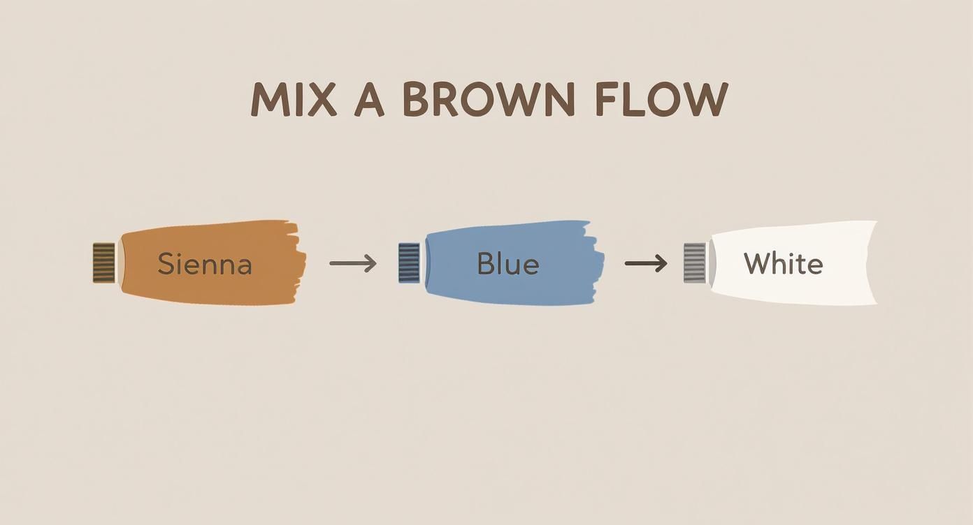 Visual guide showing paint mixing sequence from sienna to blue to white for creating brown flow