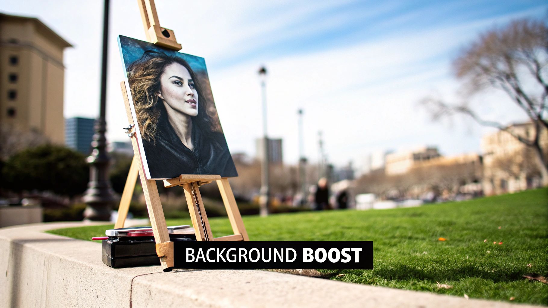 Portrait painting displayed on wooden easel outdoors in urban park setting with blurred cityscape background