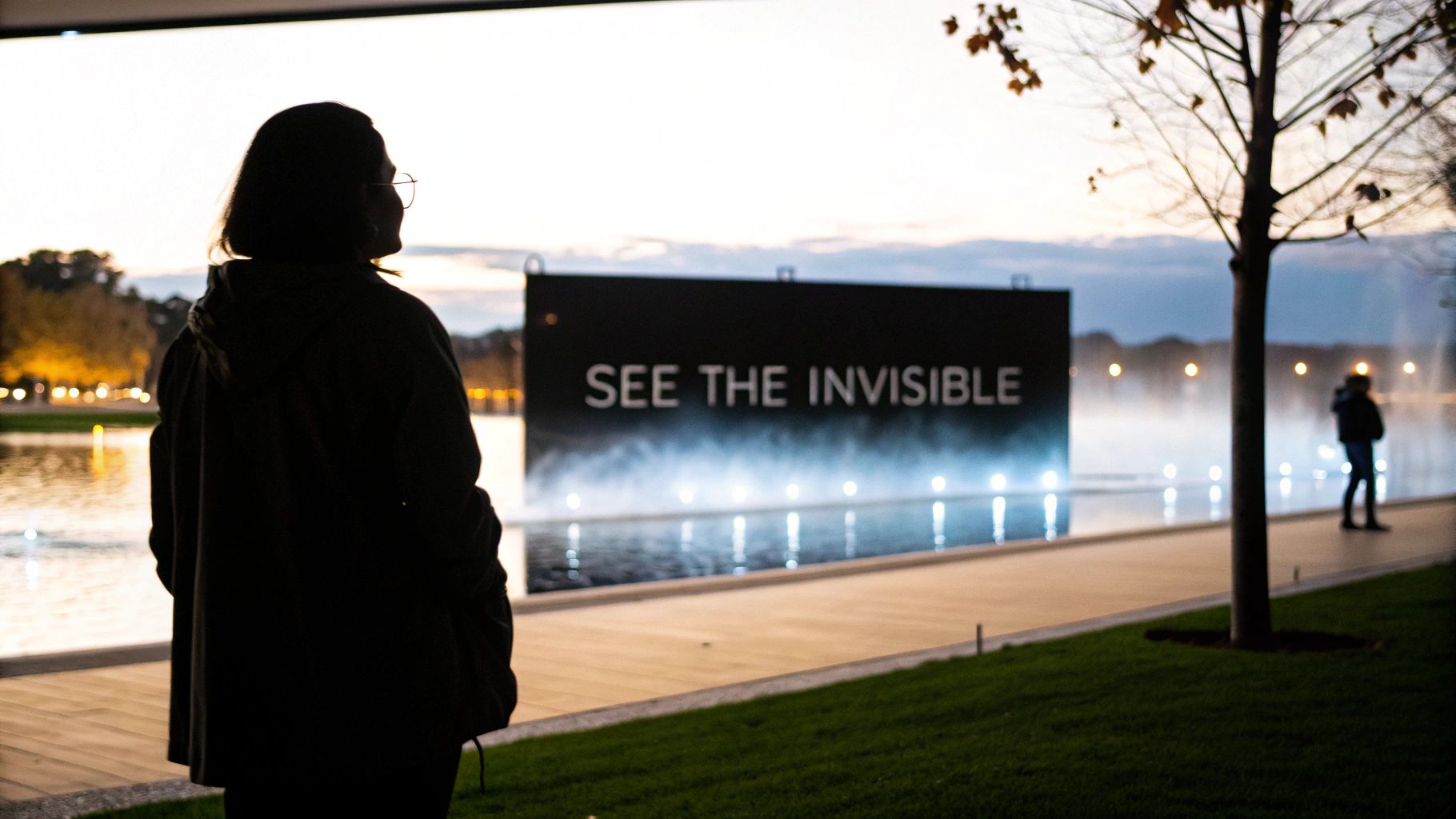 Person walking through an environmental art installation in a field