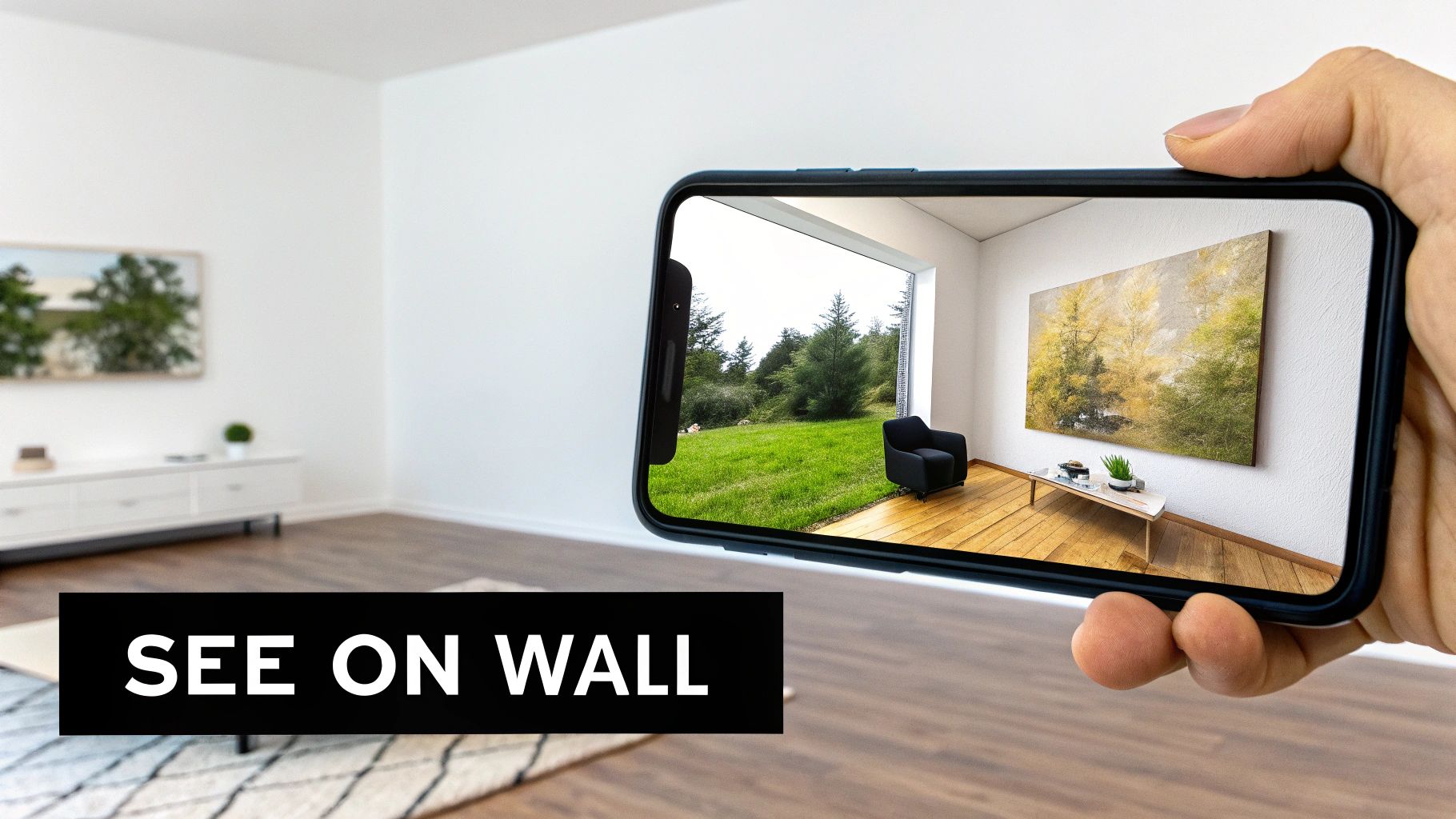 A person carefully measuring their wall space before hanging a painting.