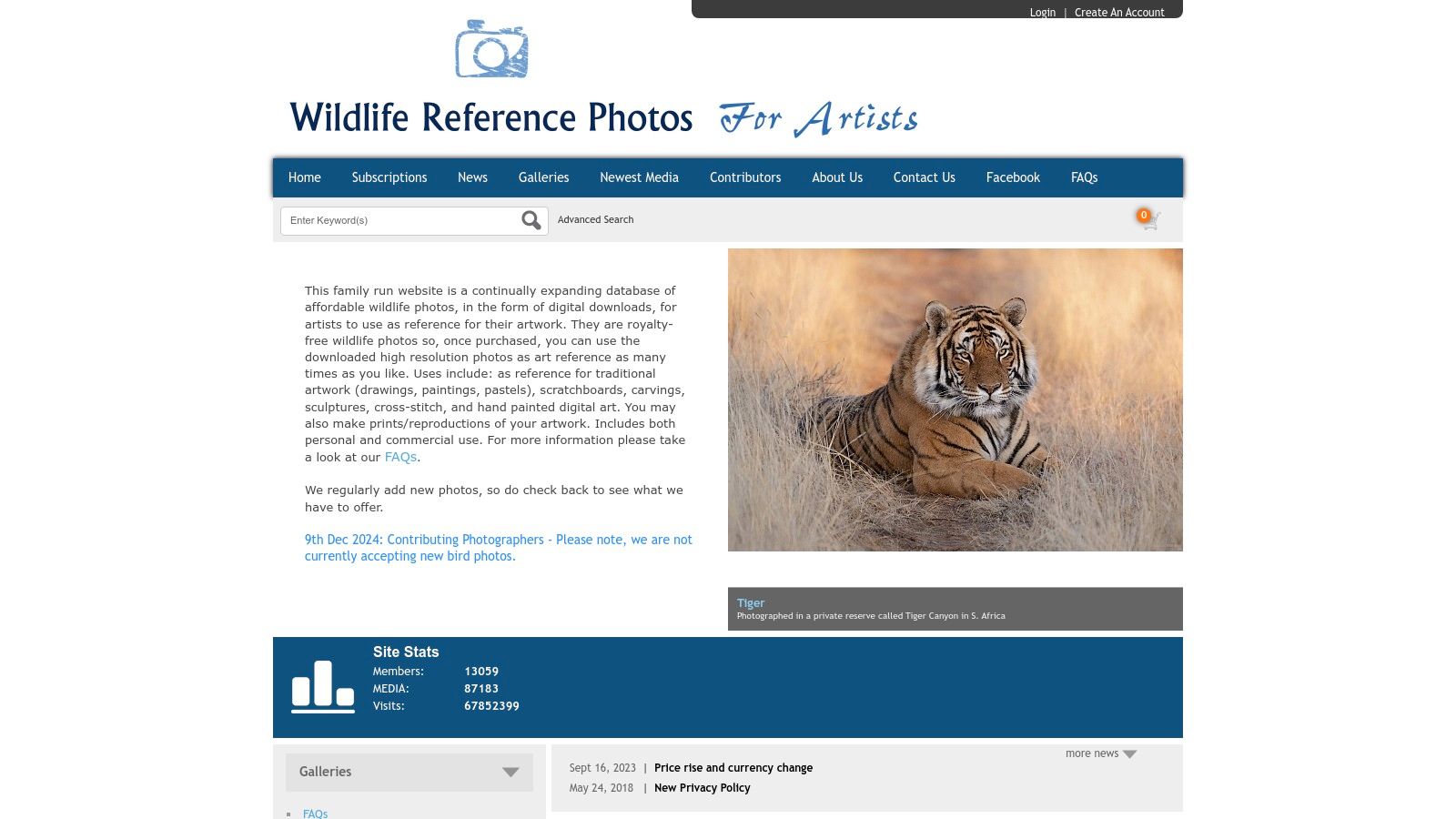 A screenshot of the Wildlife Reference Photos website homepage showing a search bar and various animal photo categories.