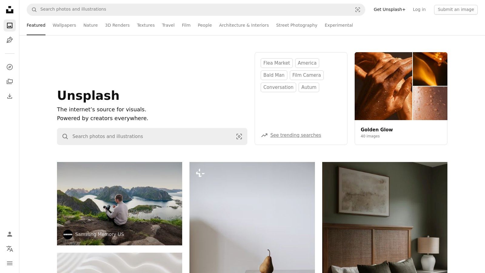 A screenshot of the Unsplash website showcasing a search bar and a gallery of high-quality, artistic photos.