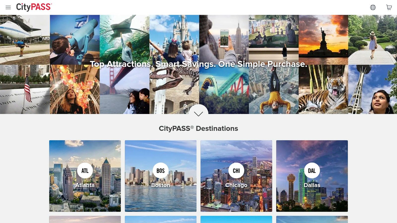 Screenshot of the CityPASS website homepage, showing how it bundles attractions for different cities.