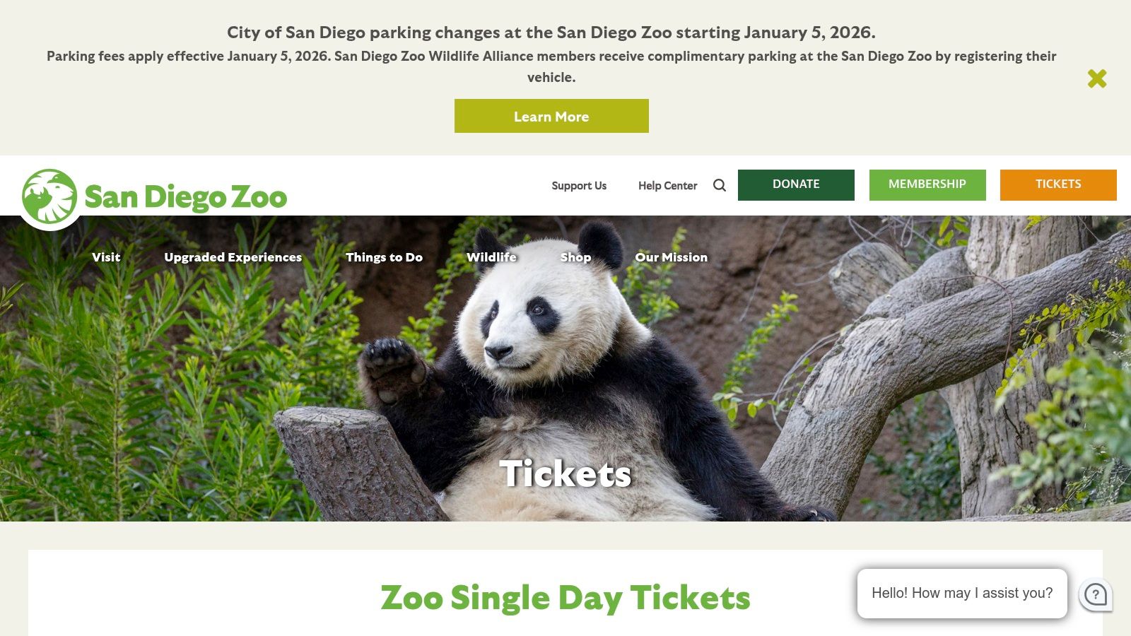 A person holding a mobile phone displaying the San Diego Zoo's official ticketing website, ready to purchase entry.