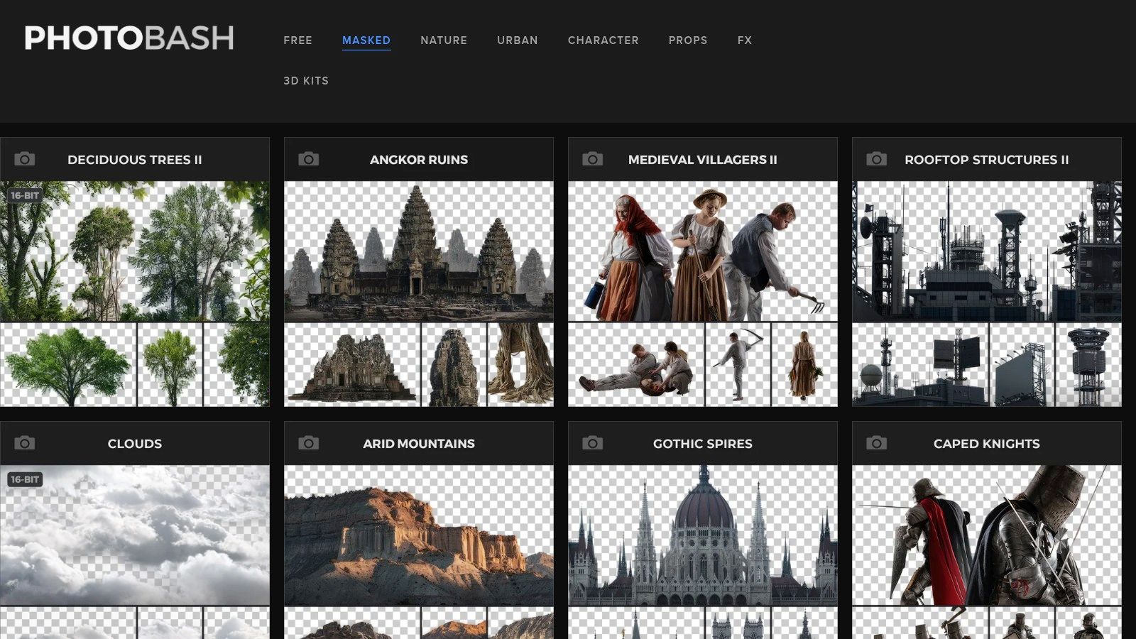 A screenshot of the PHOTOBASH website showing various curated photo packs available for purchase, including landscapes and animals.