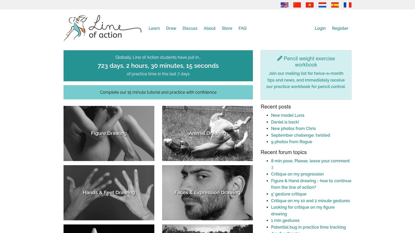 A screenshot of the Line of Action website showing options for figure, animal, and environment drawing practice sessions.