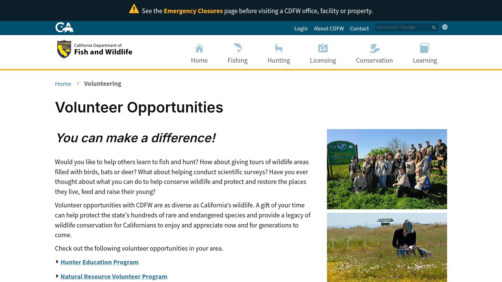 California Department of Fish and Wildlife (CDFW) Volunteer Program