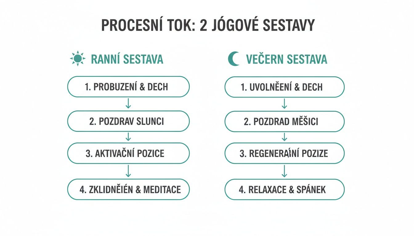 Infografika popisující dva jógové sestavy: ranní s probuzením a pozdravem slunci, a večerní s uvolněním a pozdravem měsíci.