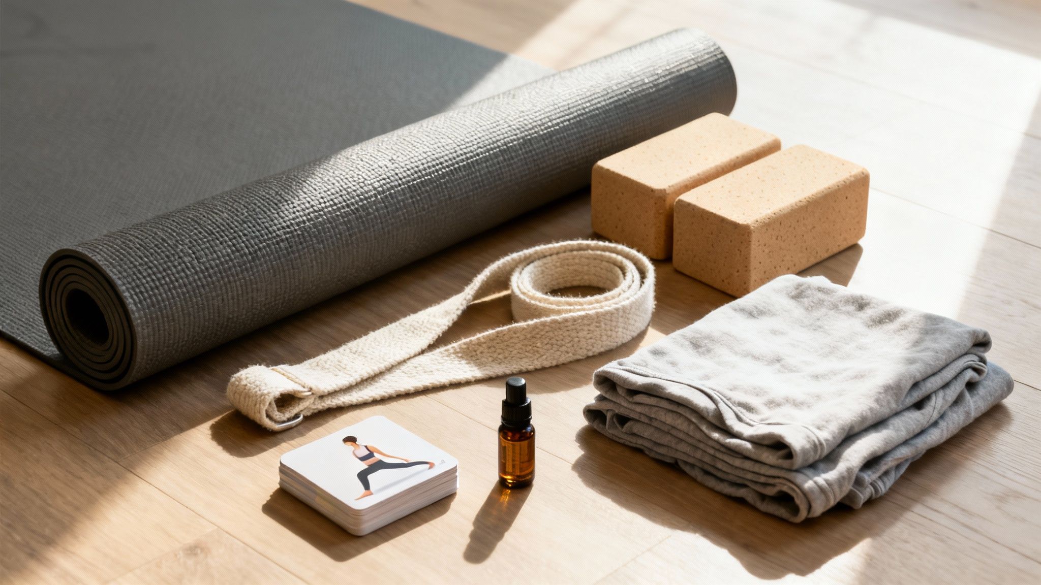 Sada pomůcek na jógu pro začátečníky: podložka, bloky, popruh, ručník, éterický olej a karty s pozicemi.