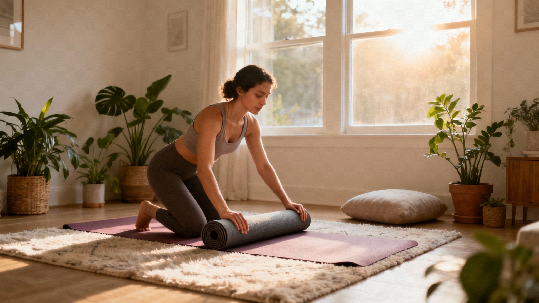 Žena v domácím prostředí s rostlinami sroluje podložku na jógu po cvičení.