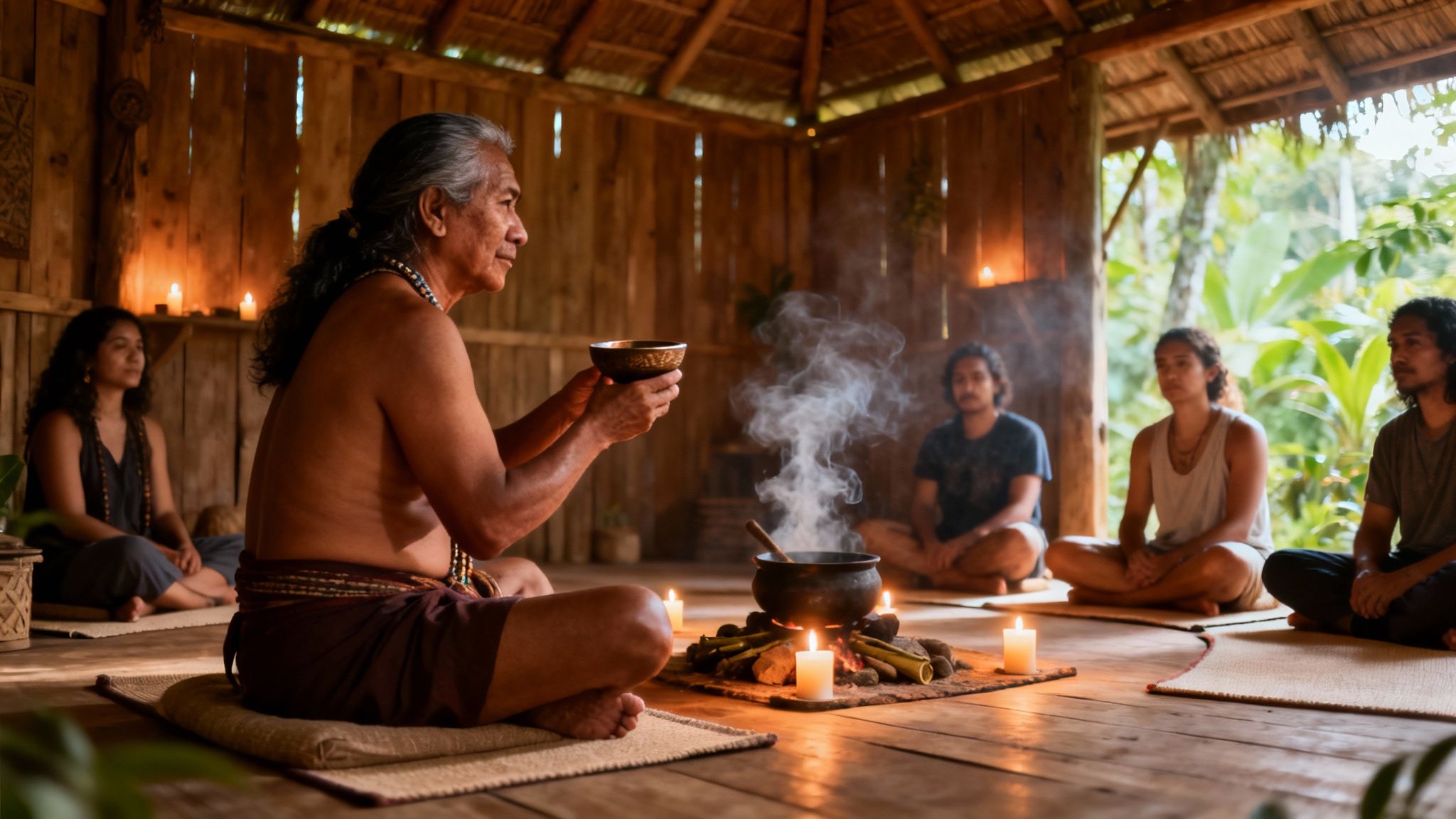 Elder leads an Ayahuasca ceremony, holding a bowl, with a group in a traditional wooden hut.
