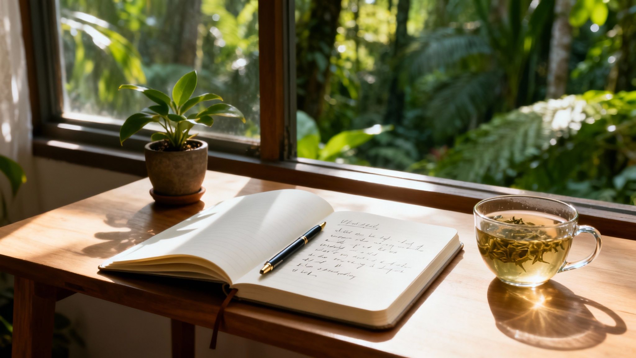 Open notebook with a pen, green tea, and a plant on a sunlit wooden table by a window.