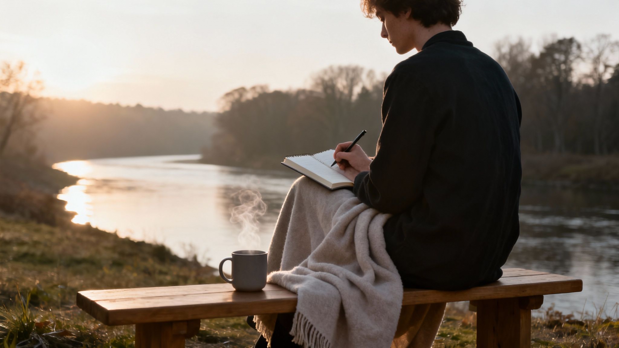 A young person sits on a bench by a tranquil river, writing in a journal during sunset.