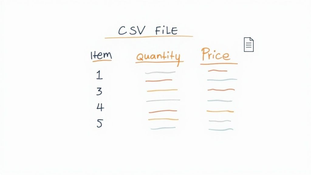 A computer screen showing the raw text of a CSV file on one side and its structured, spreadsheet-like appearance on the other.